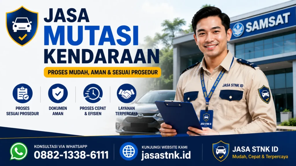 Jasa Mutasi Kendaraan Jasa STNK ID. Proses aman dan cepat. WhatsApp: 0882-1338-6111, Website: jasastnk.id